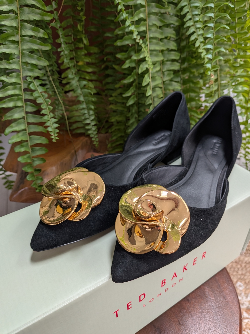 Ted Baker Women's Suede Black Pointed Flats with Gold Accent